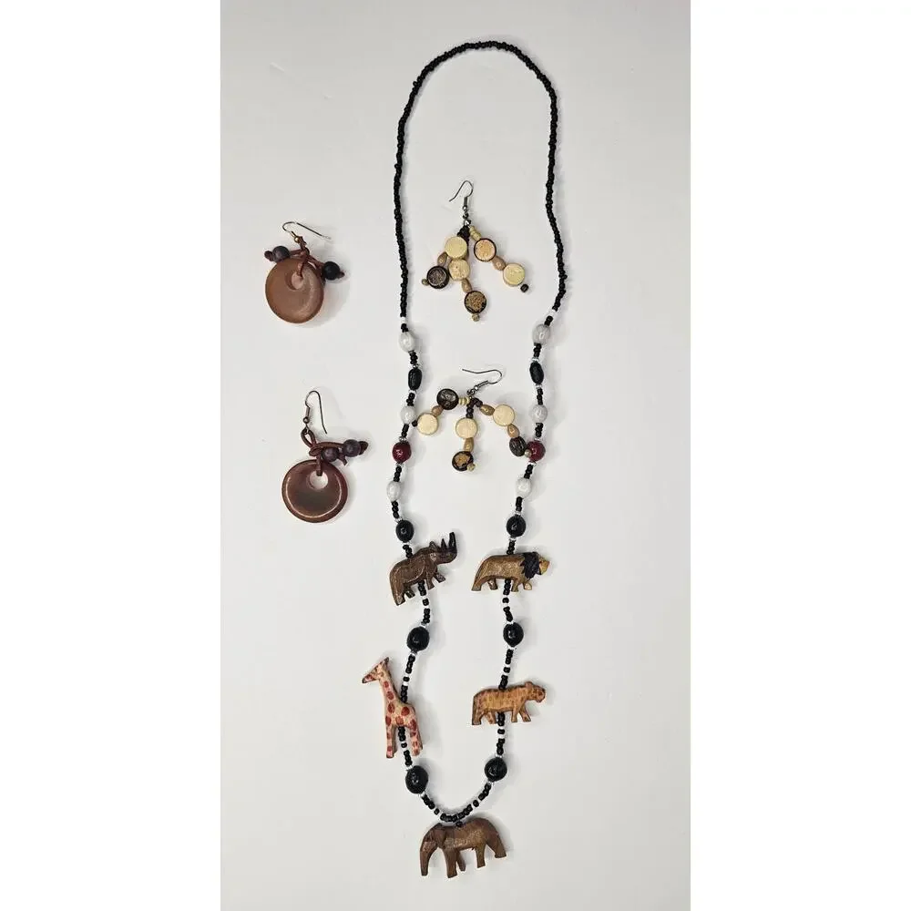Bundle Wooden Carved African Animals NECKLACE EARRINGS Costume Jewelry Lot Gift
